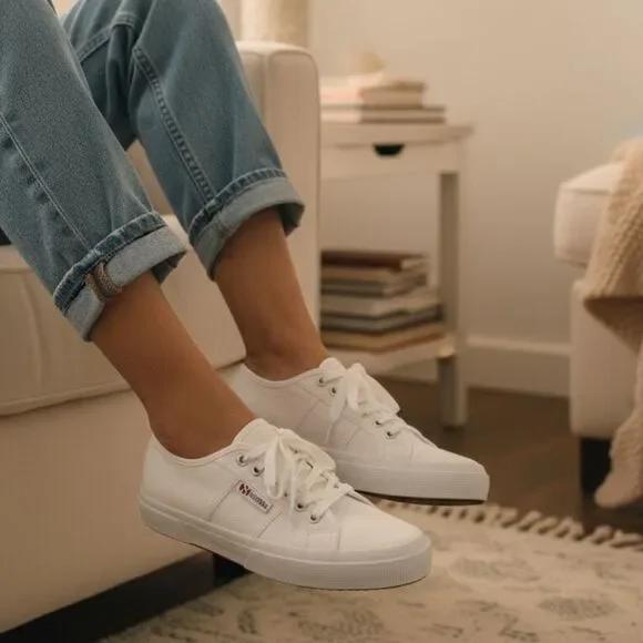 Superga Cotu Classic White Sneakers Women’s Size 8 Low Top Canvas Lace Up Shoes - Picture 2 of 11